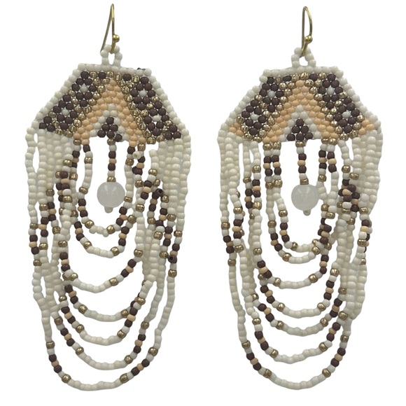 Seed Bead Loop Pearly White Brown Tones Statement Dangle Earrings - Picture 1 of 3